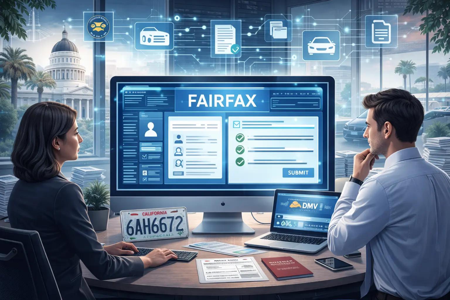 Two dealership employees using software to file California DMV paperwork electronically with the Fairfax integration.
