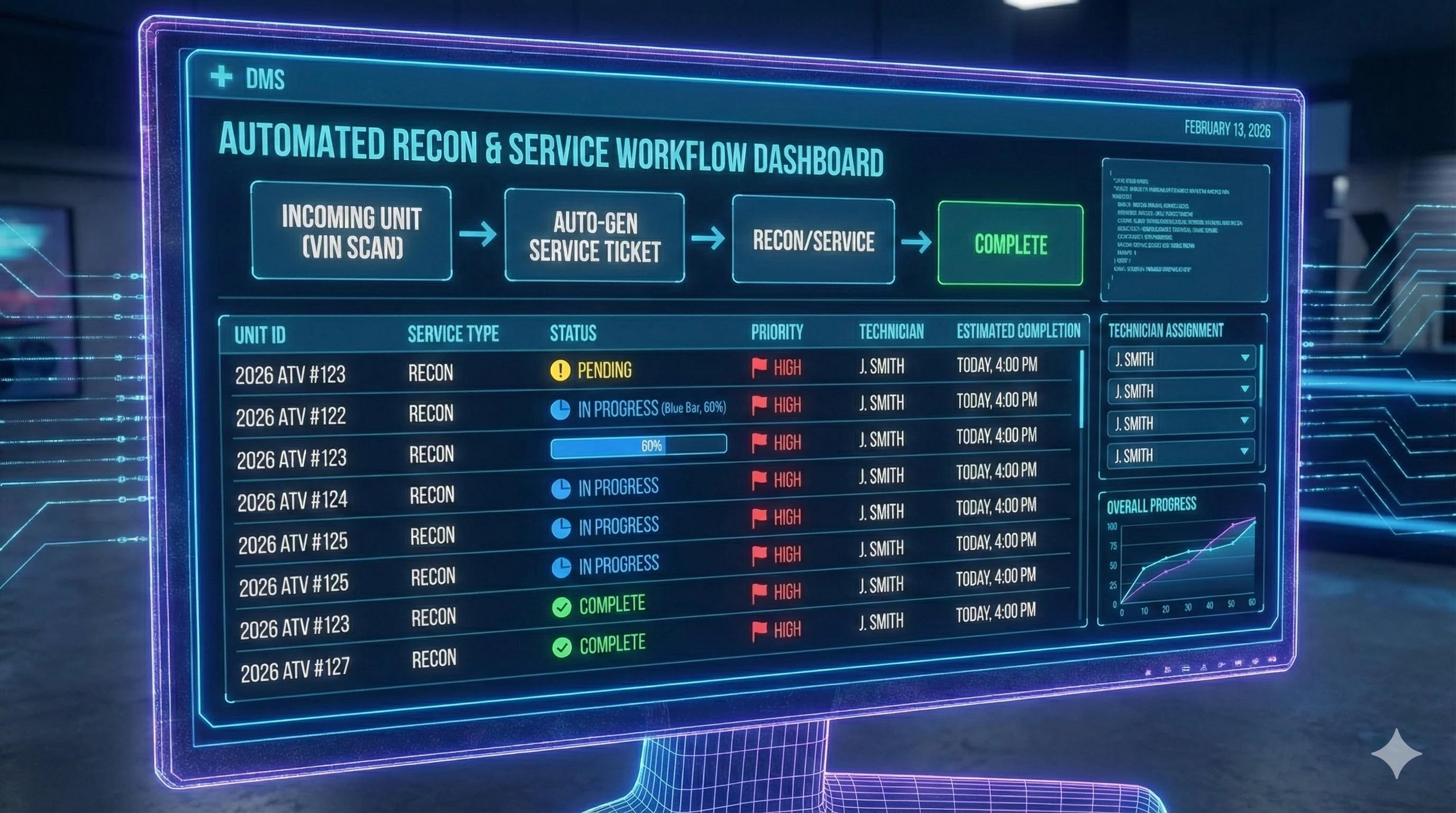 DMS dashboard showing automated recon order generation and service ticket workflow with status indicators and technician assignments