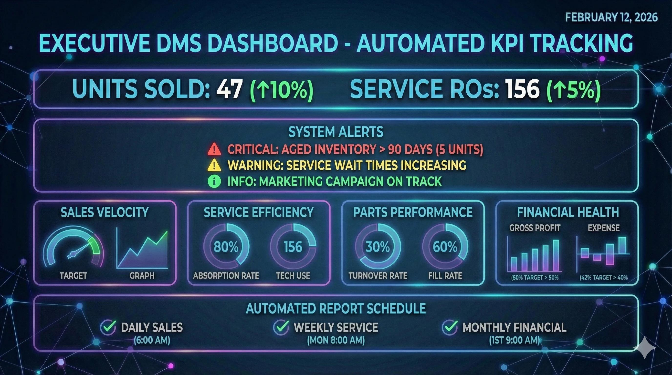Executive DMS dashboard showing automated KPI tracking with key metrics, color-coded alerts, and mini-dashboards