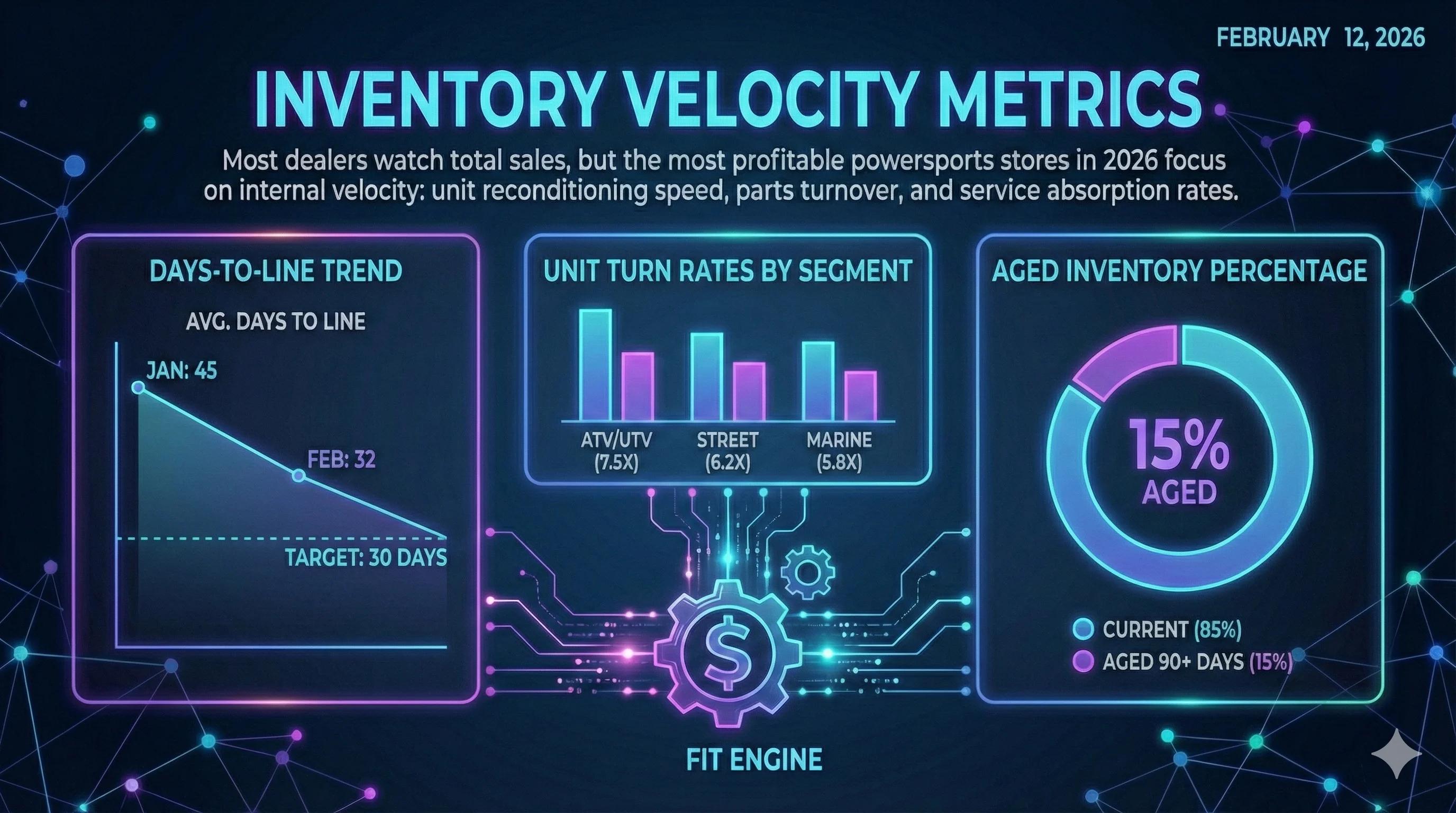 Modern dashboard showing inventory velocity metrics with days-to-line chart, unit turn rates by segment, and aged inventory percentage