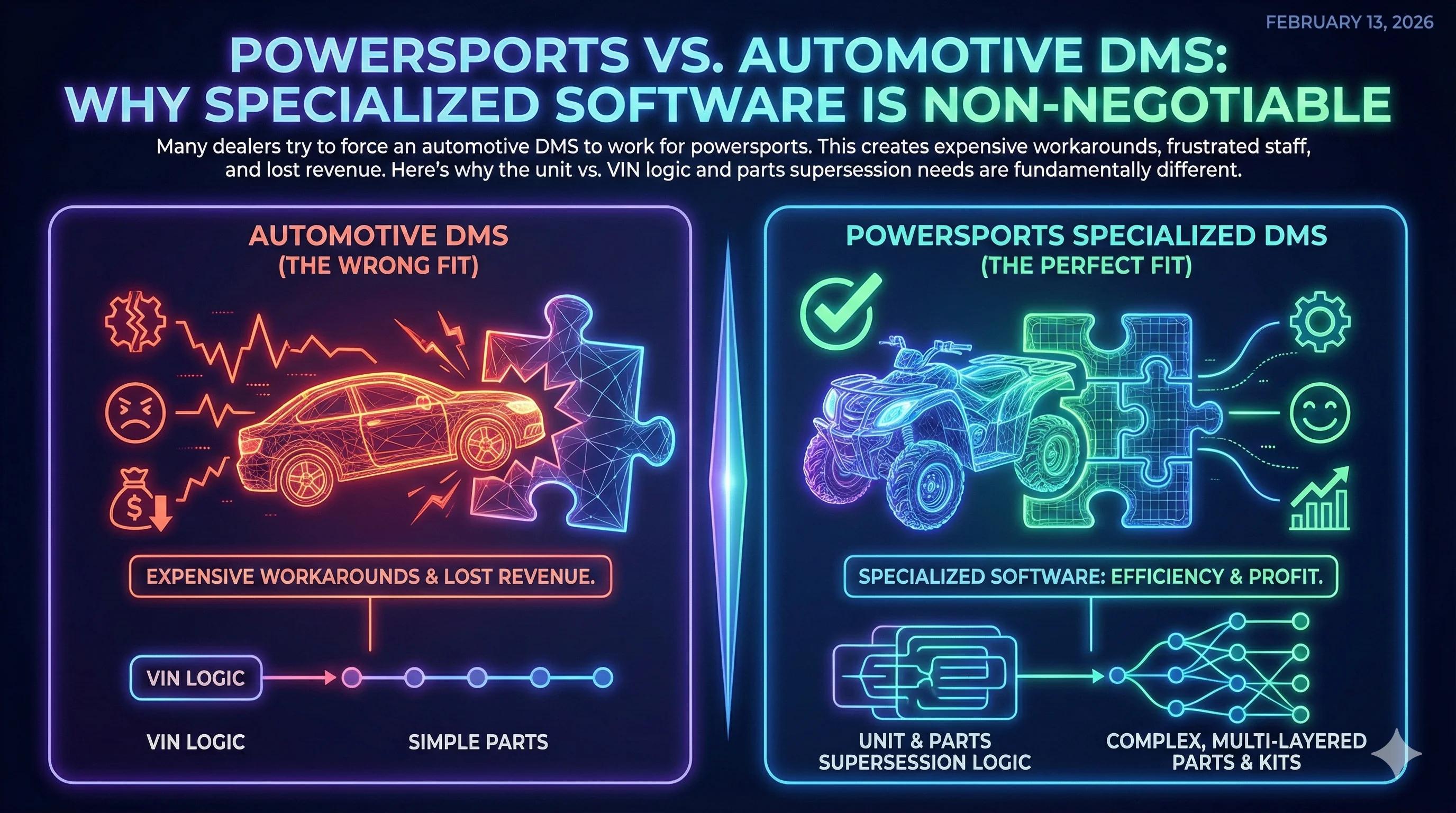 Side-by-side comparison showing powersports dealership with ATVs, UTVs, and marine units versus automotive dealership with cars