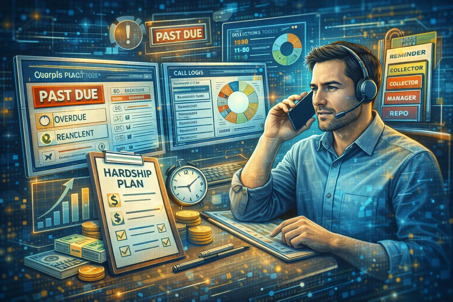 A collections agent empathetically talking on the phone, surrounded by delinquency management tools and reports