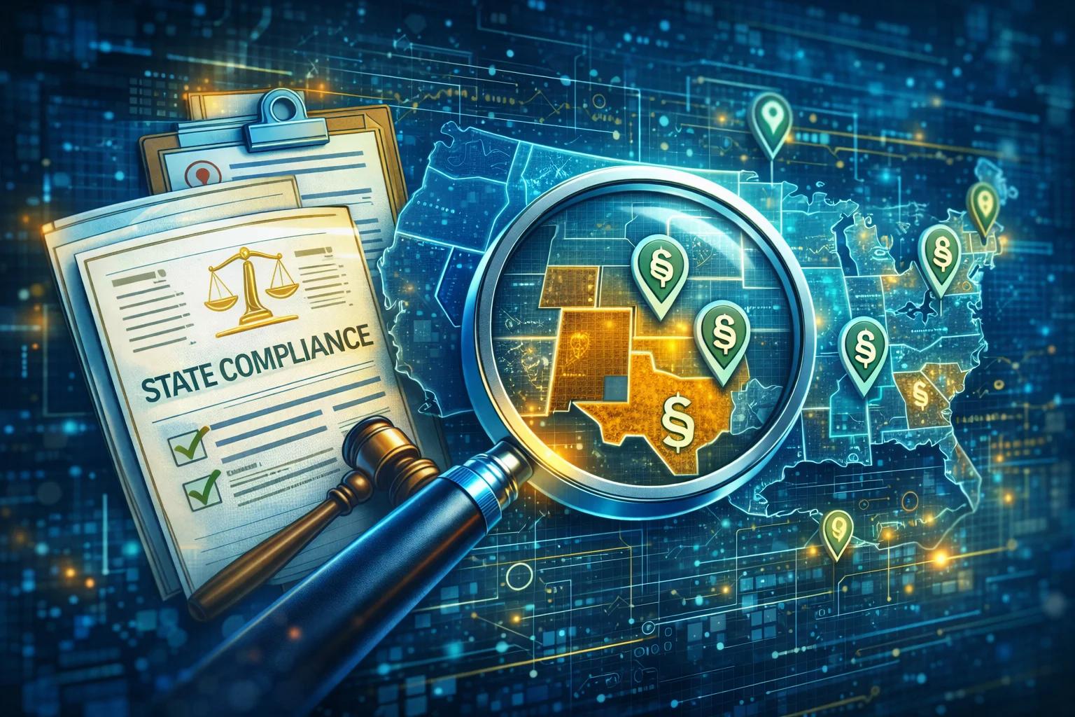Legal documents and a magnifying glass over a map, symbolizing state-specific RTO regulatory compliance