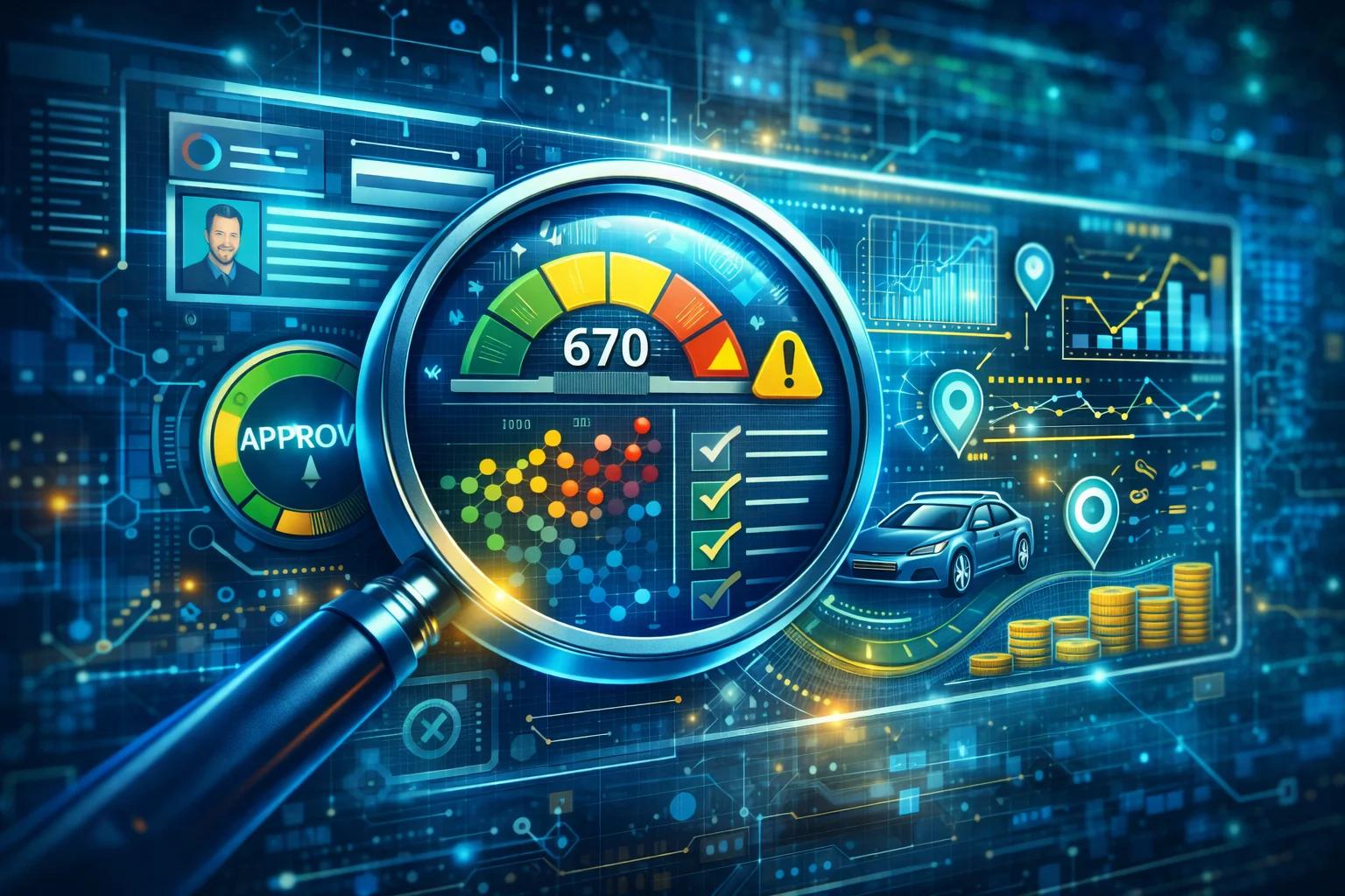 Magnifying glass examining diverse data points on a digital screen, symbolizing advanced RTO underwriting