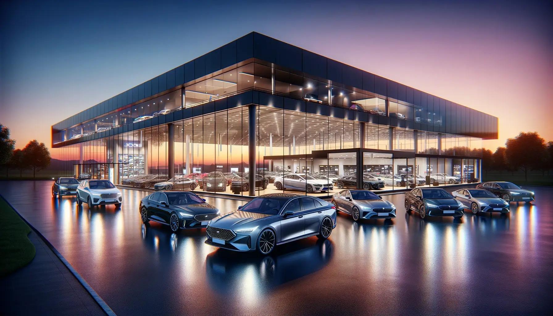 Car dealership showroom with digital marketing strategy elements and customer engagement tools