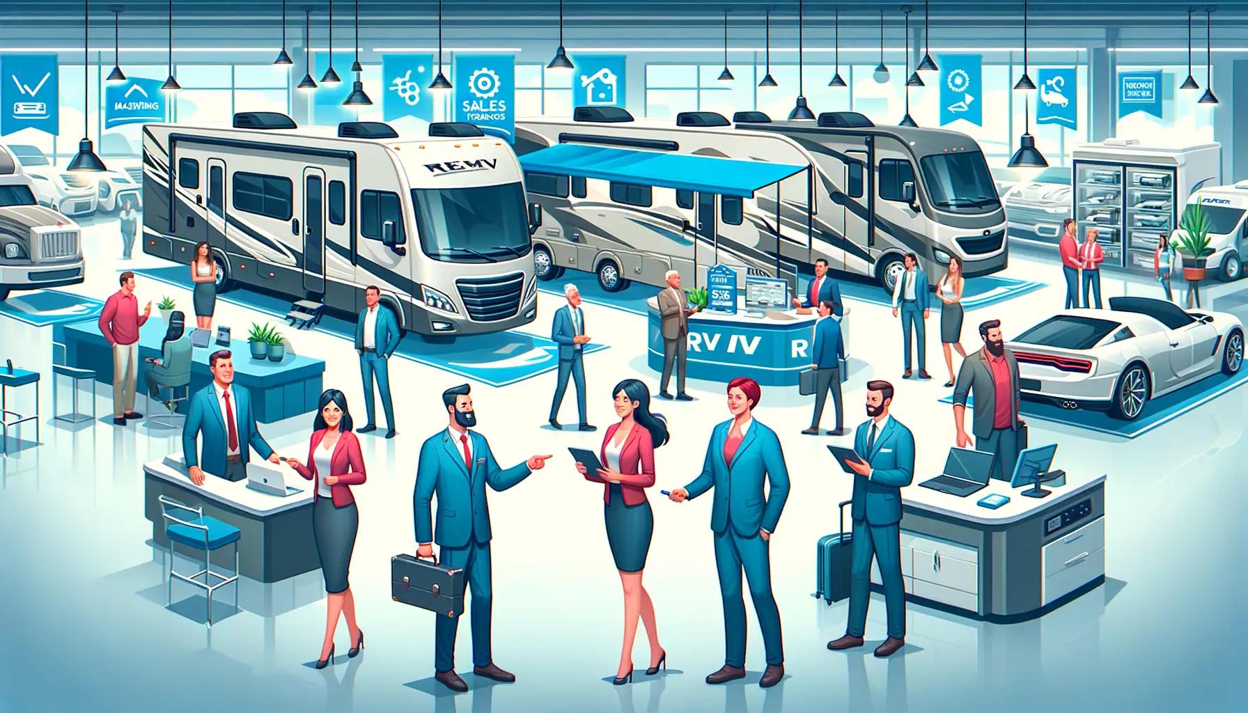 RV salesperson showing customers interior features of recreational vehicle