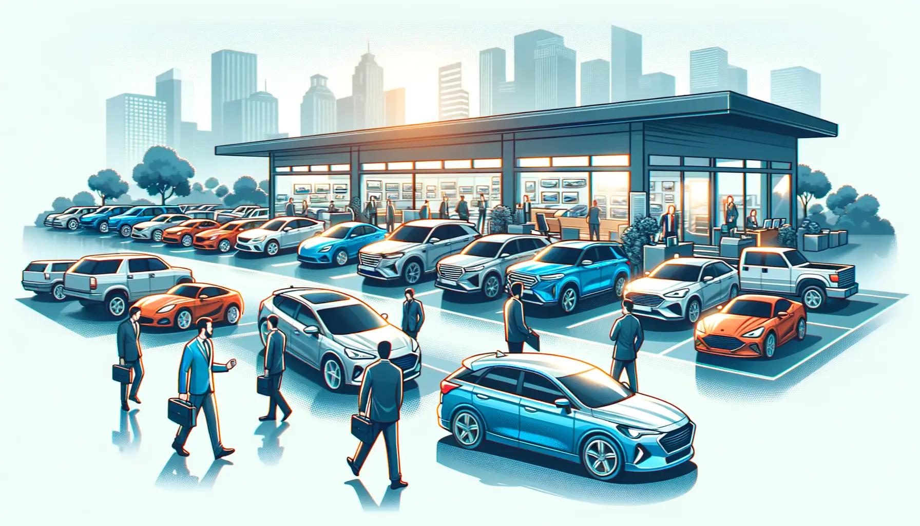 Entrepreneur reviewing business plan, inventory data, and dealership layout