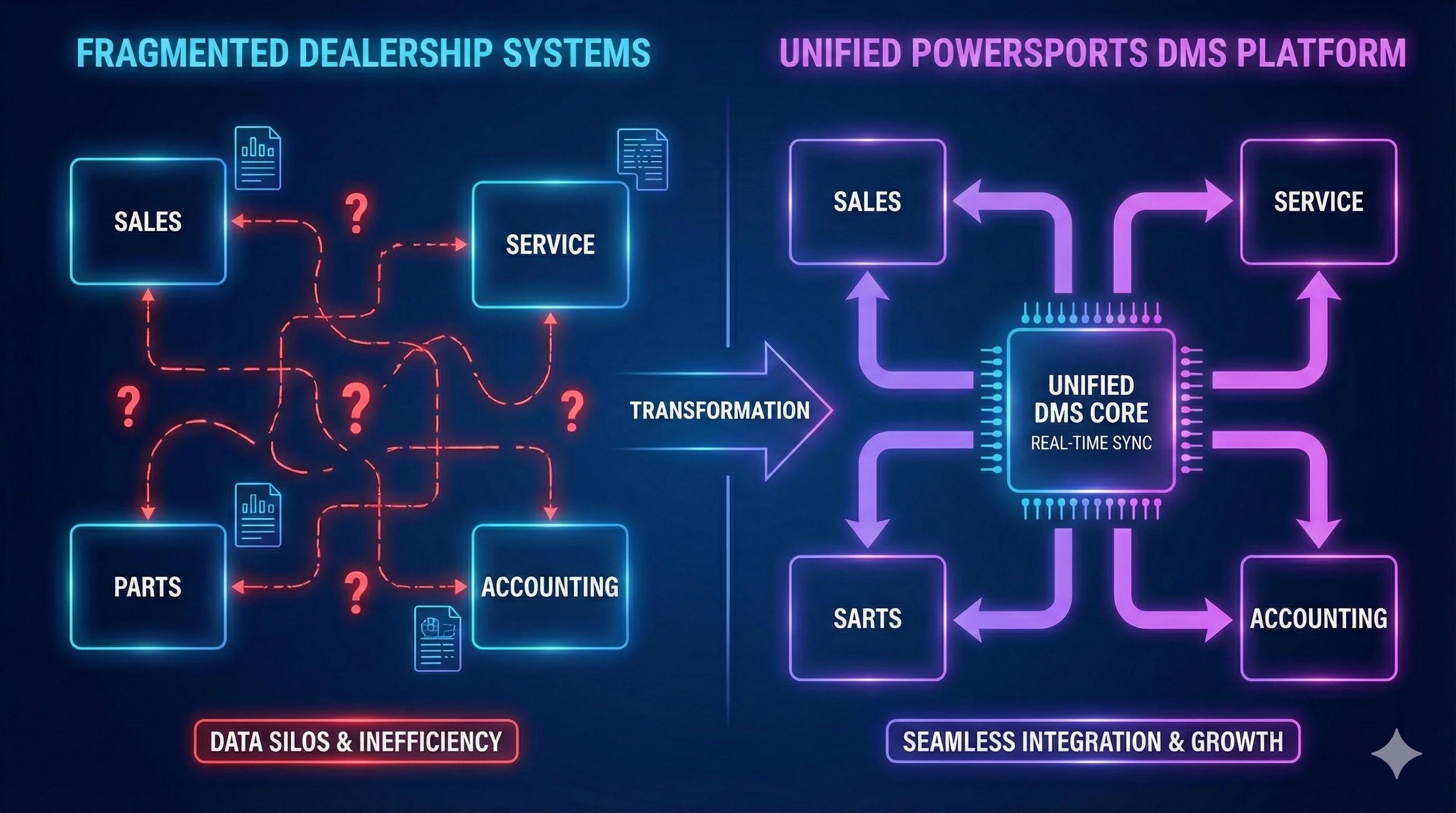 Diagram showing unified DMS platform in center with connections to all departments vs fragmented system comparison