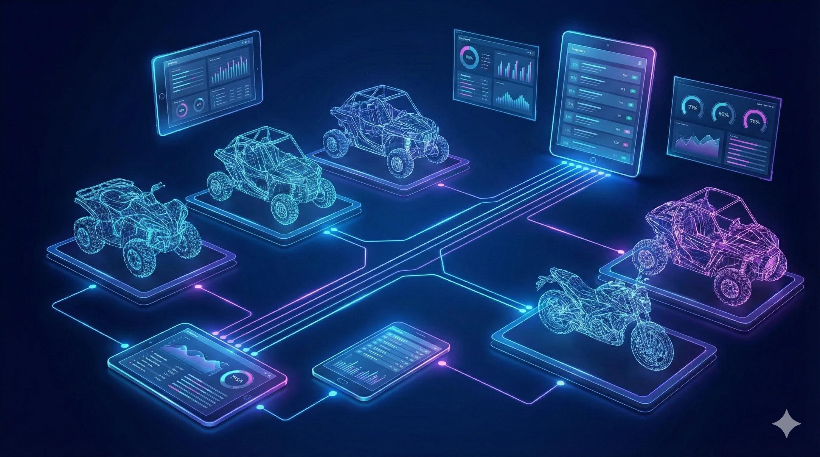 Modern powersports dealership showroom with tablets and digital displays